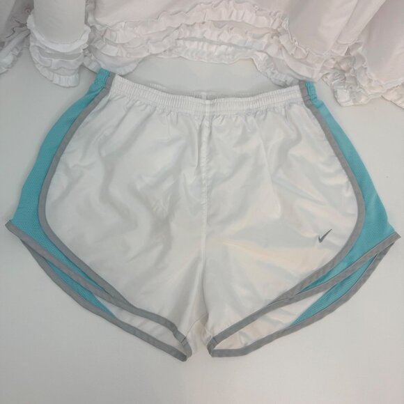 Nike Womens Dri-Fit Running Shorts M White & Aqua Mesh Trim Elastic Waist - Picture 1 of 5